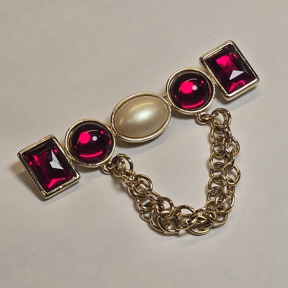 Red Gold Tone Rhinestone Pendant Pin Brooch Geometric Circle Square‎ Vintage 3"